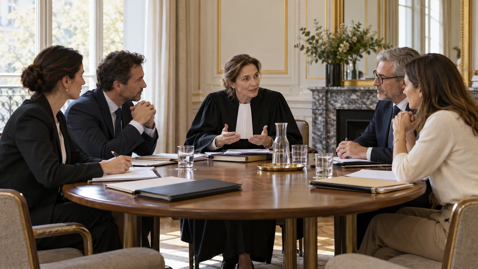 Une juge et les participants discutent autour d'une table avec leurs dossiers dans une salle de réunion judiciaire