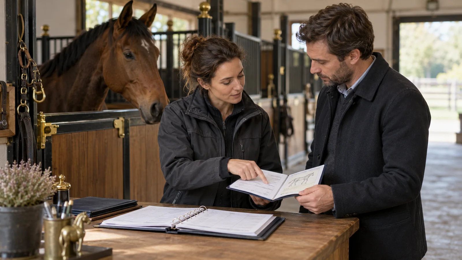 Une responsable d'écurie et un interlocuteur examinent un passeport et un registre devant un cheval dans son box