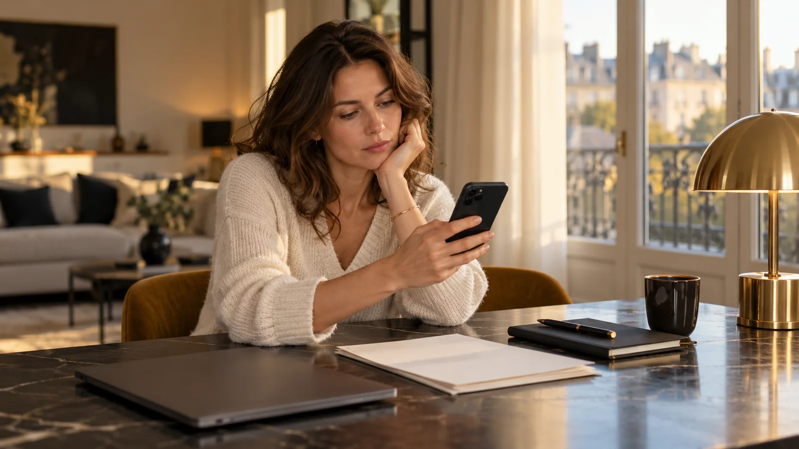 Une salariée chez elle consulte un téléphone, près d'un ordinateur fermé et de dossiers sur une table